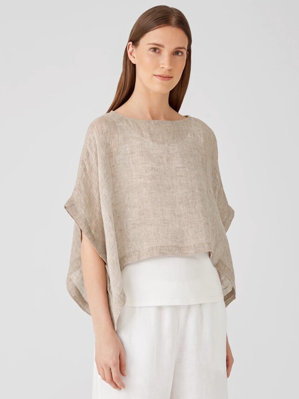 Eileen Fisher Organic Linen Gauze Poncho Natural Beige M/L Boxy Cropped Top